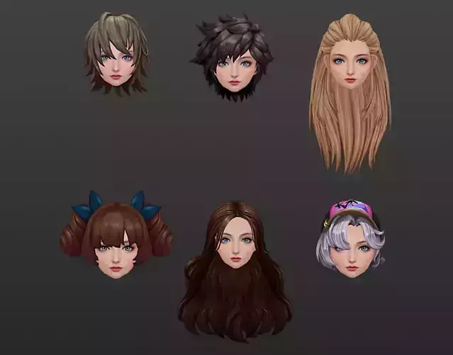hair style girl long hair short hair hat Low-poly 3D model