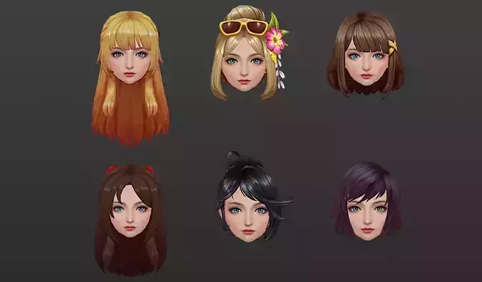  hair style girl long hair short hair hat hairdo Low-poly 3D model