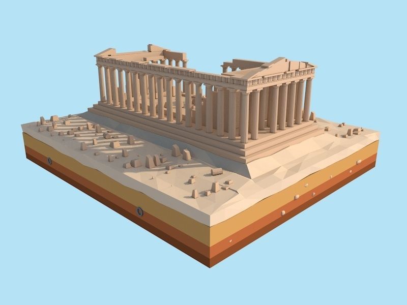 Cartoon Low Poly Greece Parthenon Landmark Low-poly 3D model_5