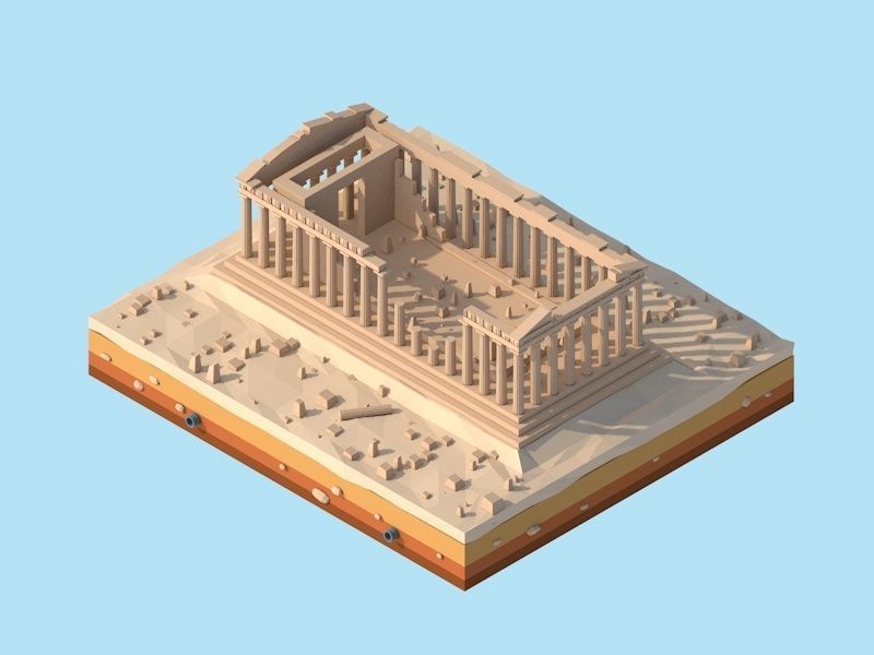 Cartoon Low Poly Greece Parthenon Landmark Low-poly 3D model_1