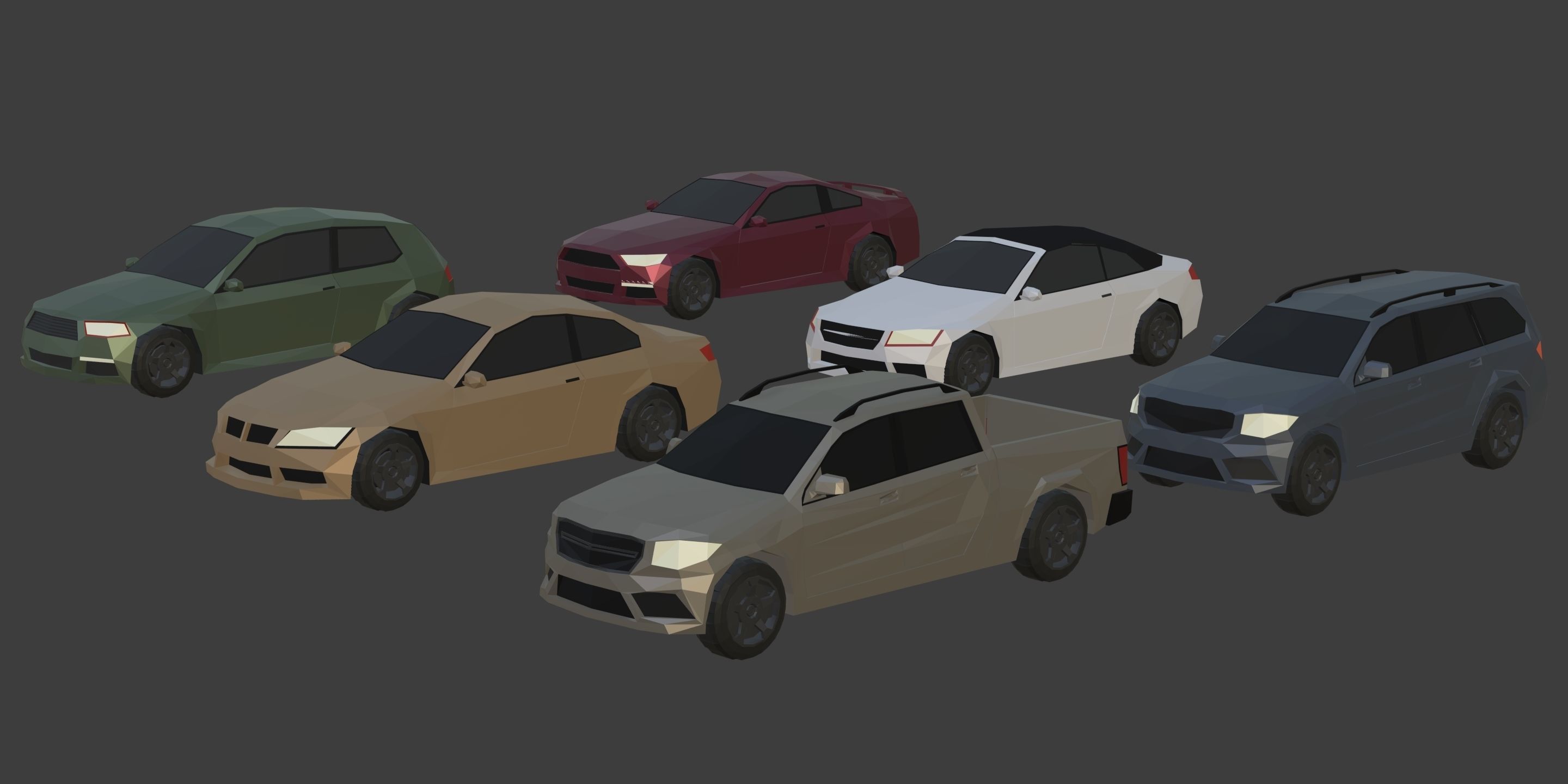 Low Poly Polygon Generic Cars SUV Pickup Sedan Hatchback Cartoon Low-poly 3D model_1