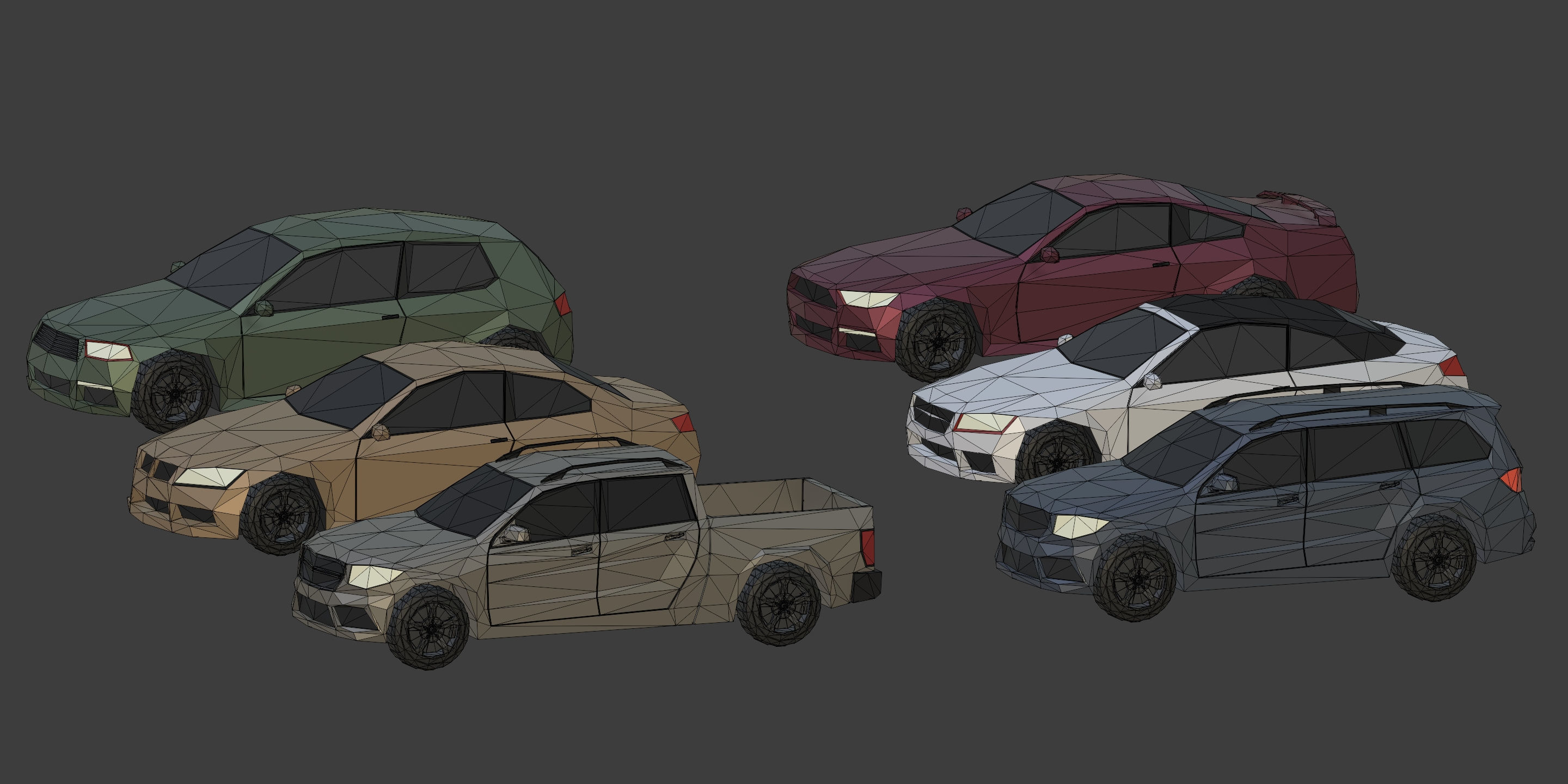 Low Poly Polygon Generic Cars SUV Pickup Sedan Hatchback Cartoon Low-poly 3D model_4