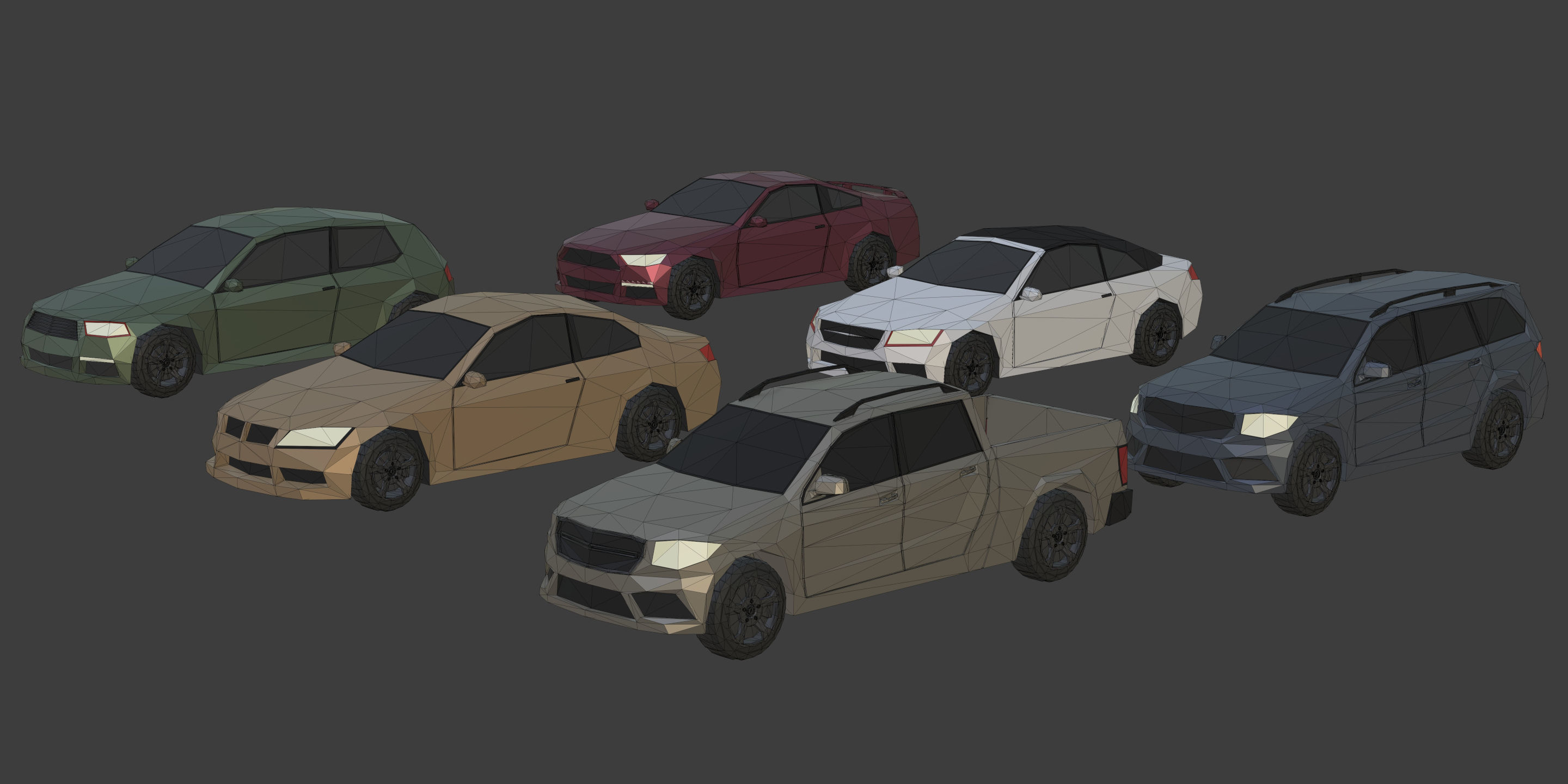 Low Poly Polygon Generic Cars SUV Pickup Sedan Hatchback Cartoon Low-poly 3D model_2