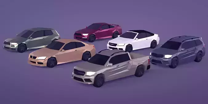 Low Poly Polygon Generic Cars SUV Pickup Sedan Hatchback Cartoon Low-poly 3D model
