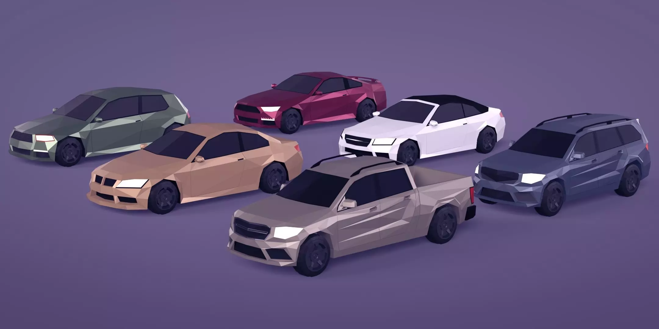 Low Poly Polygon Generic Cars SUV Pickup Sedan Hatchback Cartoon Low-poly 3D model_0