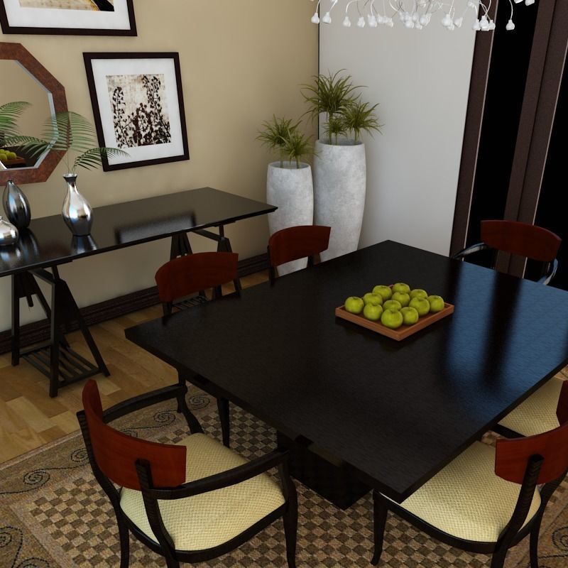 Dinning set 4 3D dining room with table and chairs 3D model_1
