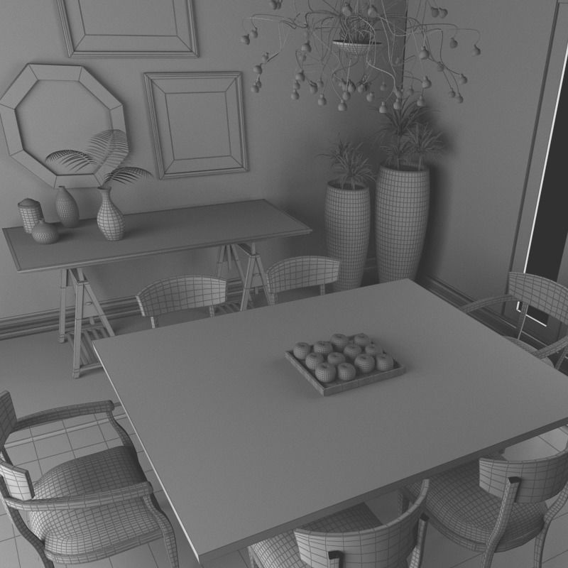 Dinning set 4 3D dining room with table and chairs 3D model_8