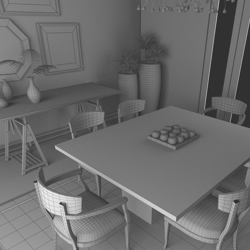 Dinning set 4 3D dining room with table and chairs 3D model_12