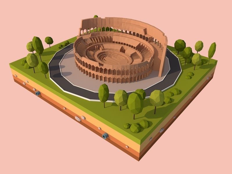 Cartoon Low Poly Rome Coloseum Landmark Low-poly 3D model_2