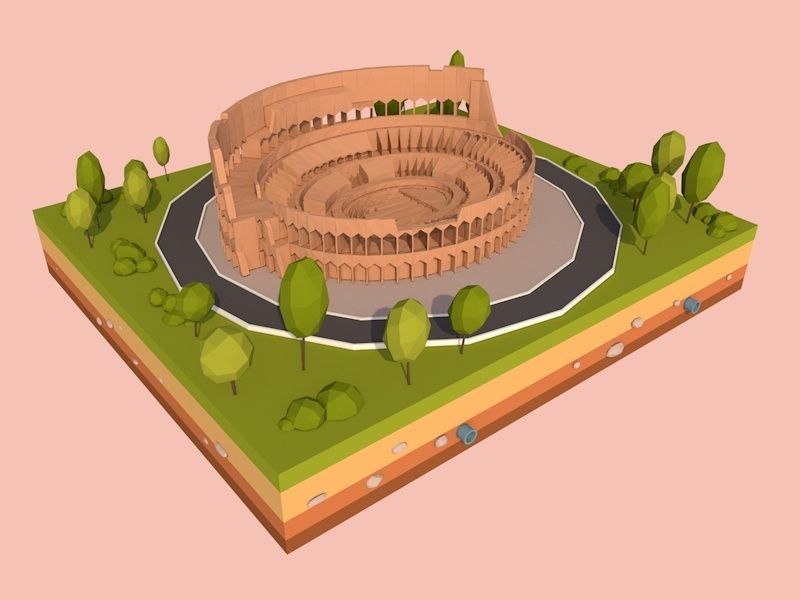 Cartoon Low Poly Rome Coloseum Landmark Low-poly 3D model_4