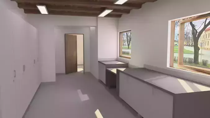 Workshop hallway with cabinets and windows