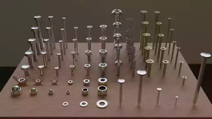 Set of 73 Bolts Nuts Washers Nails Sleeves Butterflies 3D model