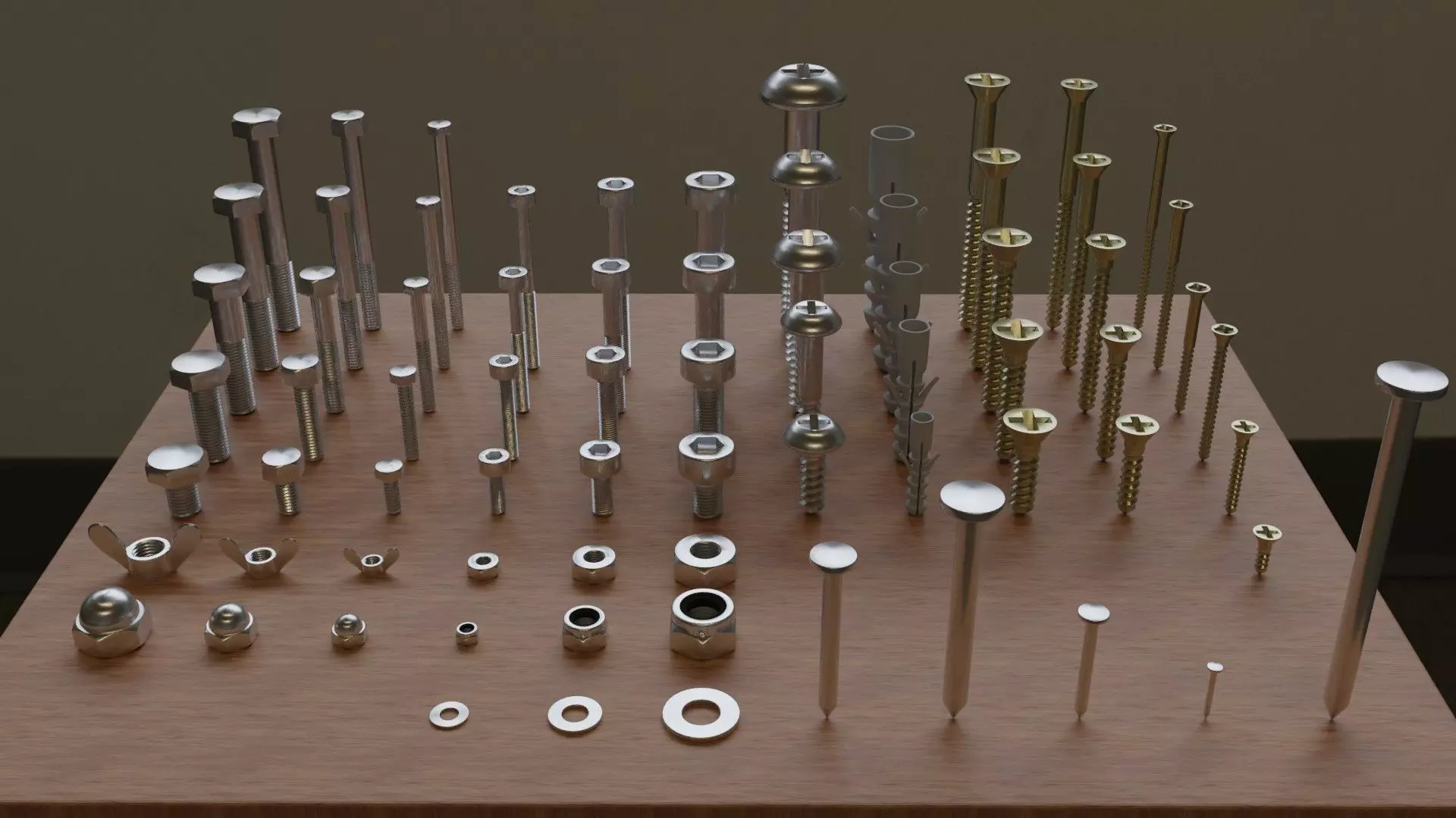 Set of 73 Bolts Nuts Washers Nails Sleeves Butterflies 3D model_0