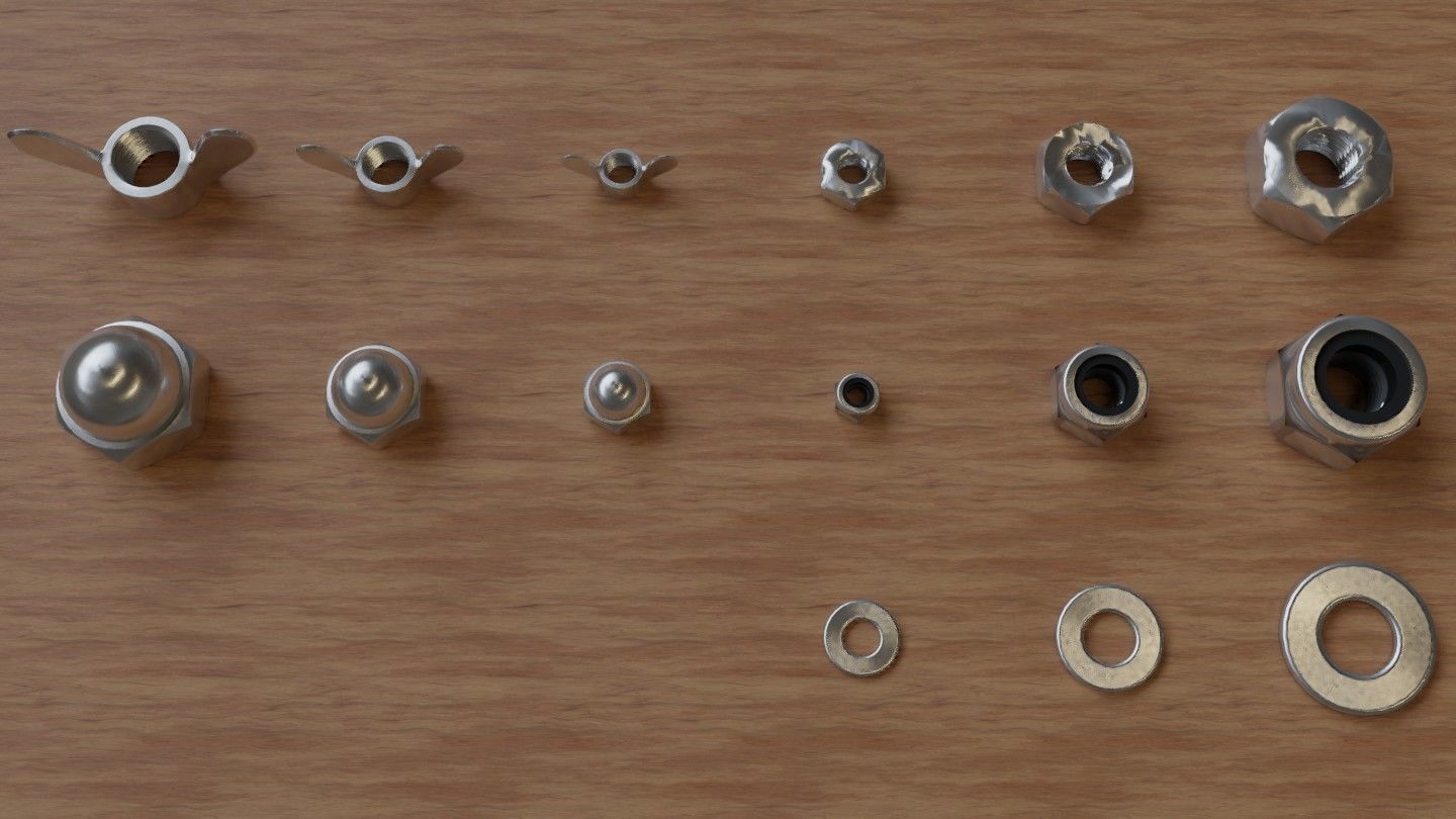 Set of 73 Bolts Nuts Washers Nails Sleeves Butterflies 3D model_5