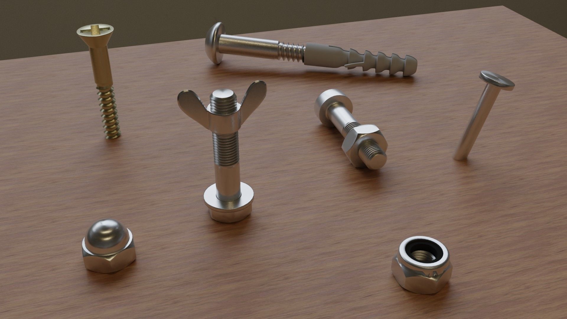 Set of 73 Bolts Nuts Washers Nails Sleeves Butterflies 3D model_1