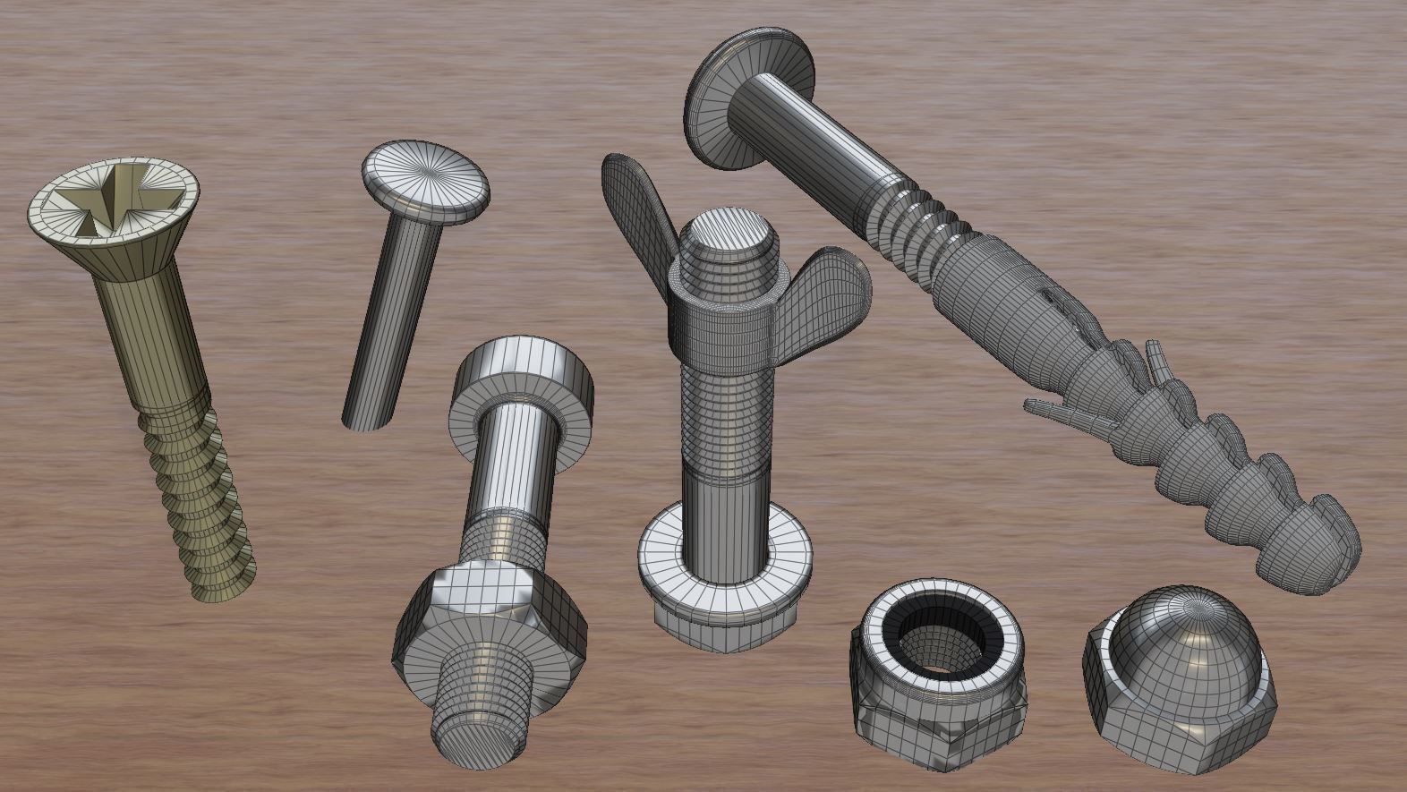 Set of 73 Bolts Nuts Washers Nails Sleeves Butterflies 3D model_2