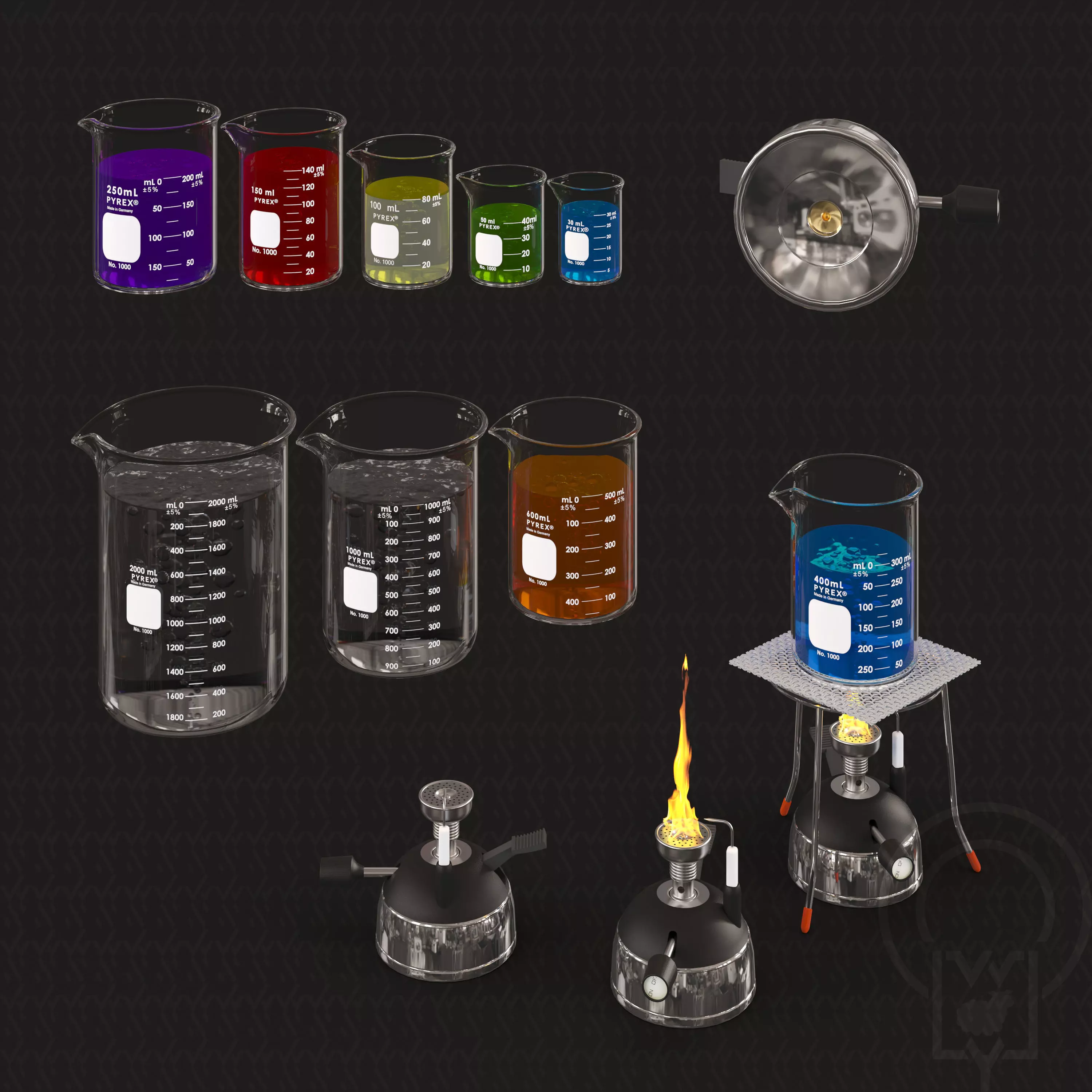 Portable Micro Lab Burner Tripod Beaker Chemistry set 3D model_0