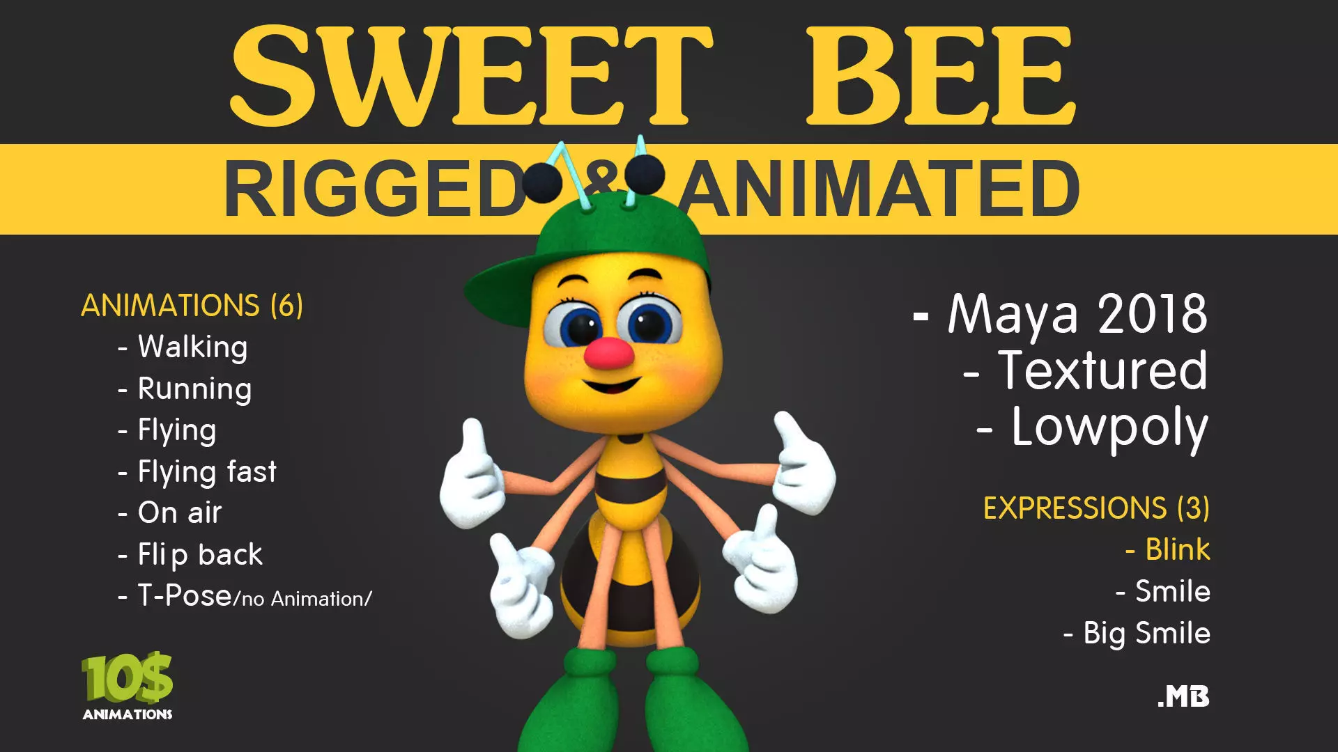 Sweet Bee Rigged Animation pack Free 3D model