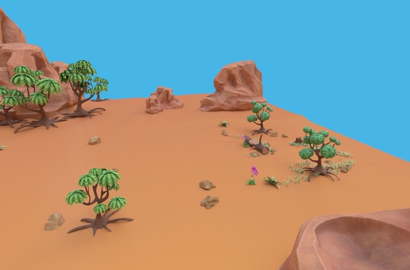 Cartoon set desert with rocks and trees 3D model_3