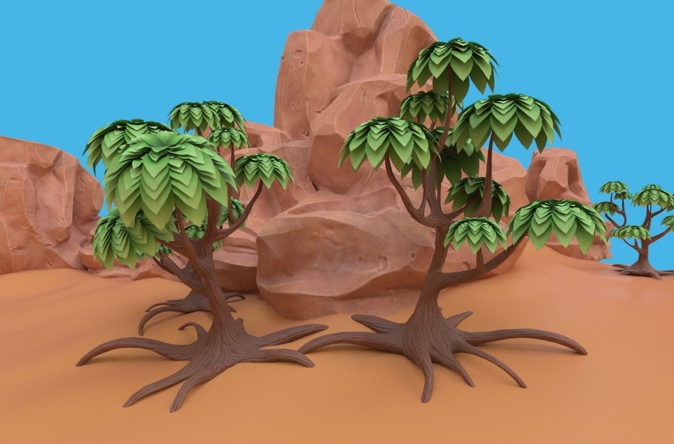 Cartoon set desert with rocks and trees 3D model_10