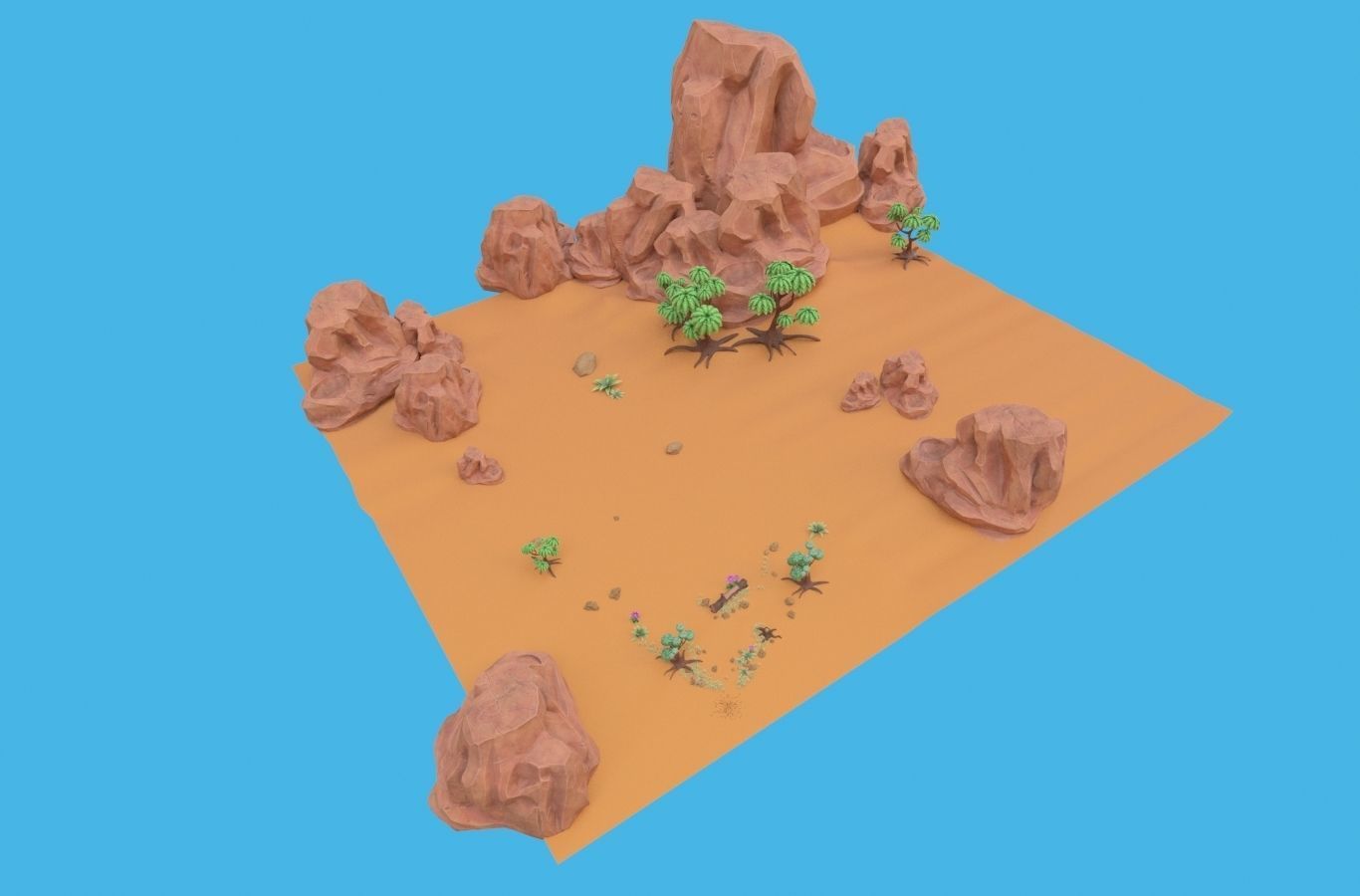 Cartoon set desert with rocks and trees 3D model_7