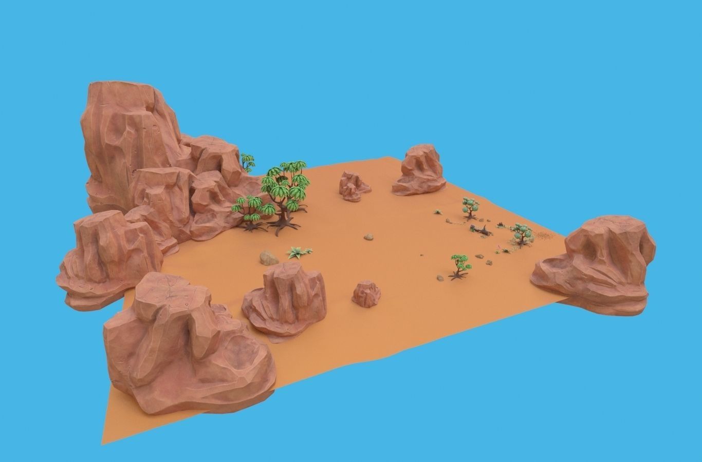 Cartoon set desert with rocks and trees 3D model_4