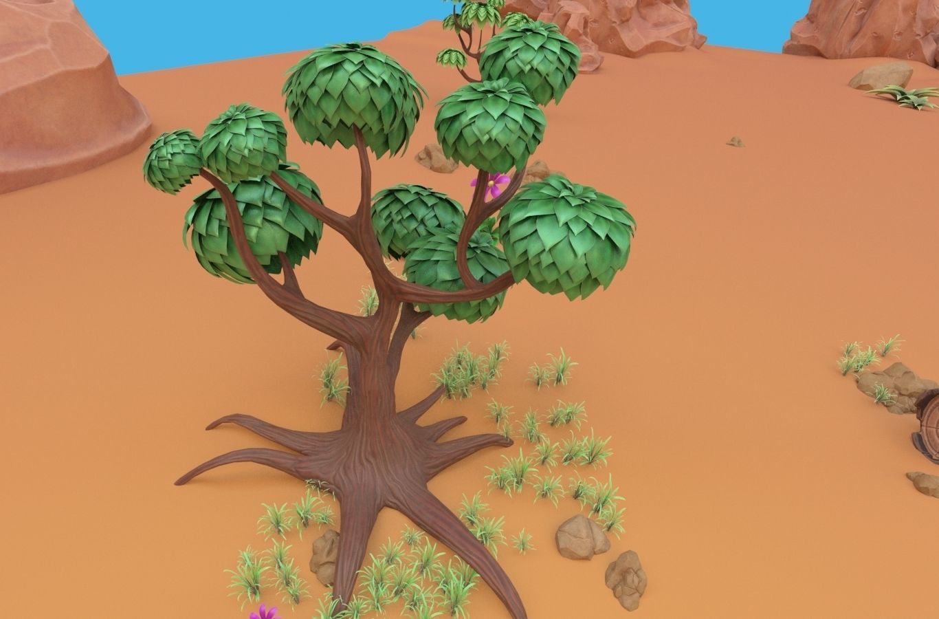 Cartoon set desert with rocks and trees 3D model_9