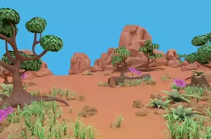 Cartoon set desert with rocks and trees