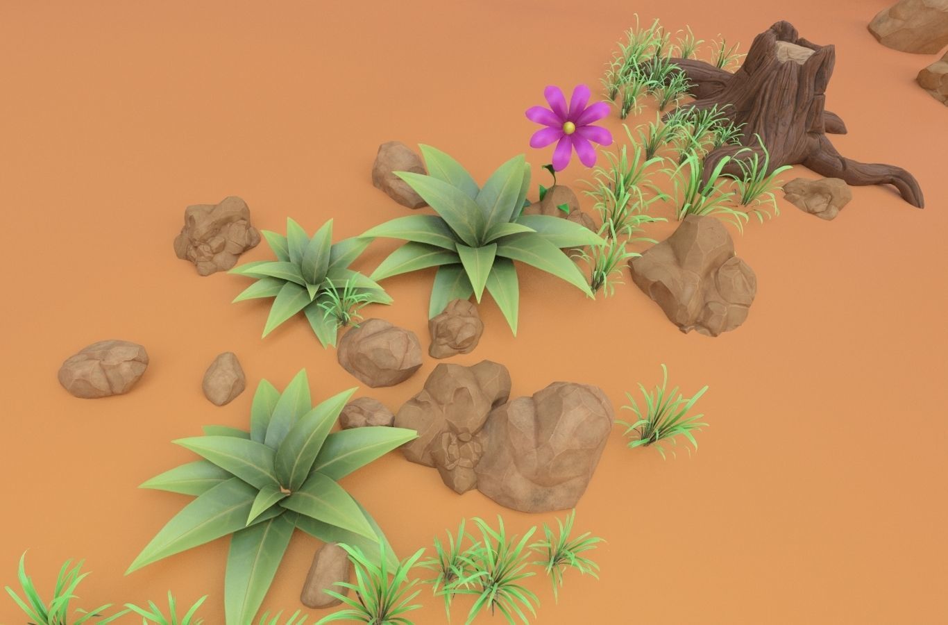 Cartoon set desert with rocks and trees 3D model_8