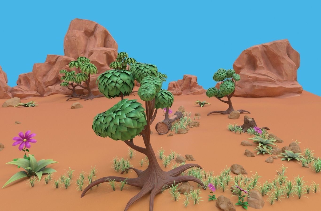 Cartoon set desert with rocks and trees 3D model_2