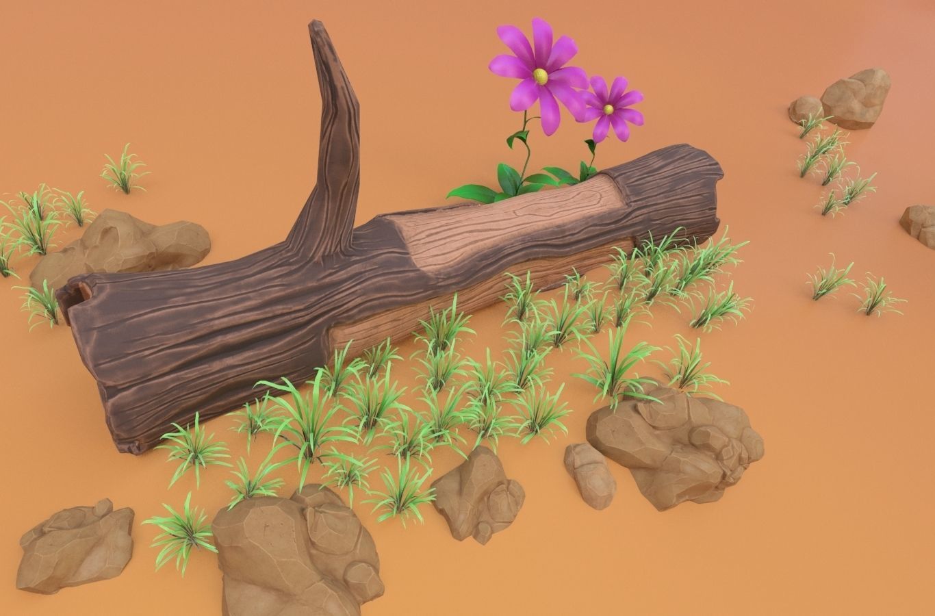 Cartoon set desert with rocks and trees 3D model_1