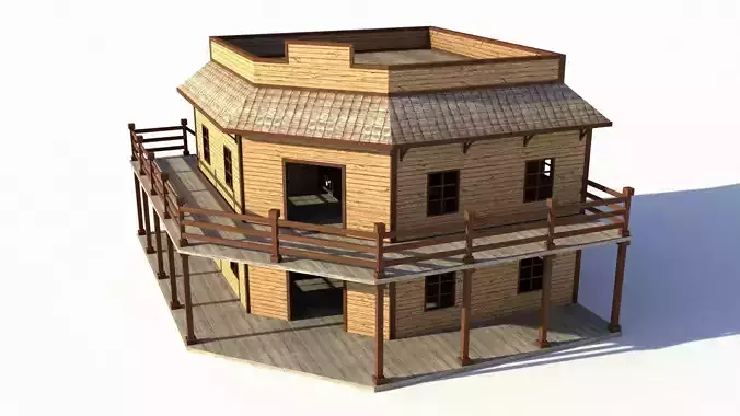 Saloon wooden house Low-poly 3D model