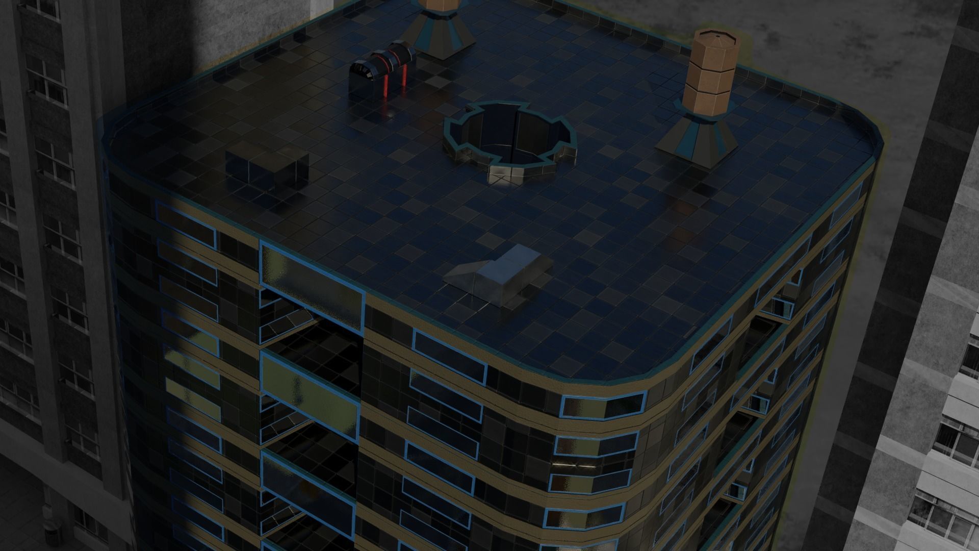 Four Modern Buildings  Low-poly 3D model_8