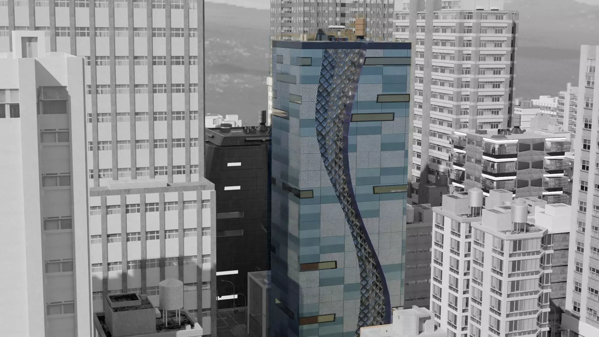 Four Modern Buildings  Low-poly 3D model_0