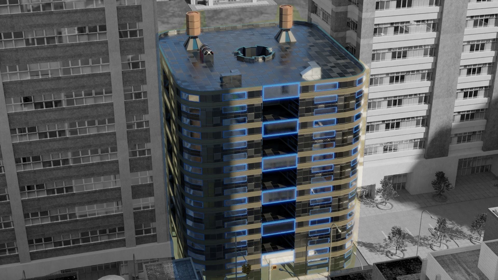 Four Modern Buildings  Low-poly 3D model_7