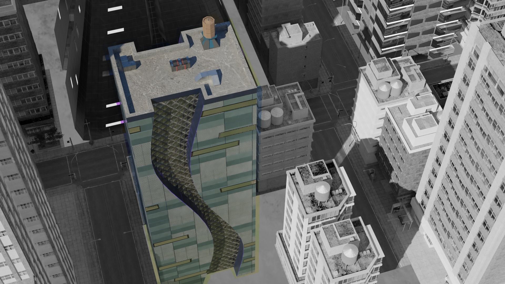 Four Modern Buildings  Low-poly 3D model_1