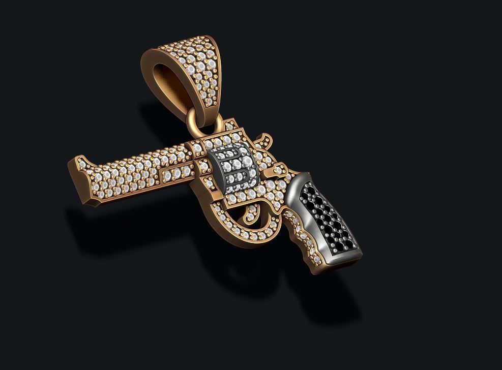Gun revolver pendant with gemstones 3D print model_1