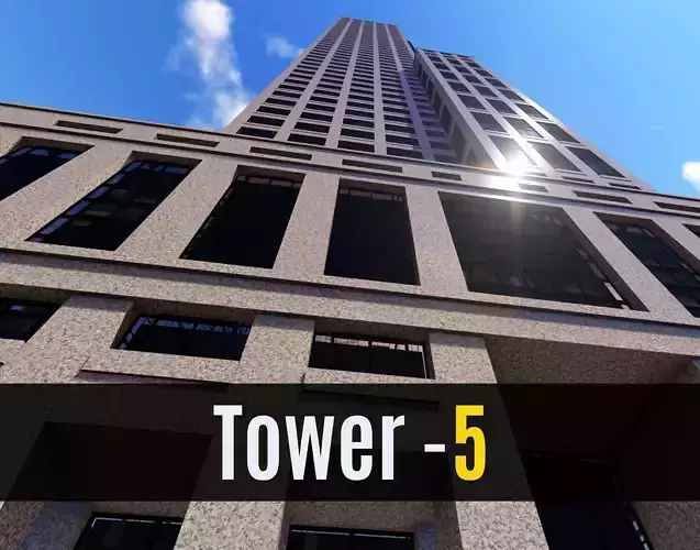 Tower - 5 tall building on field Low-poly 3D model