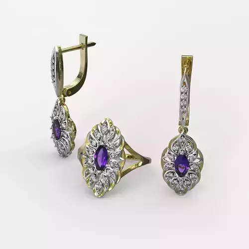 Set Marquise amethyst and diamond ring