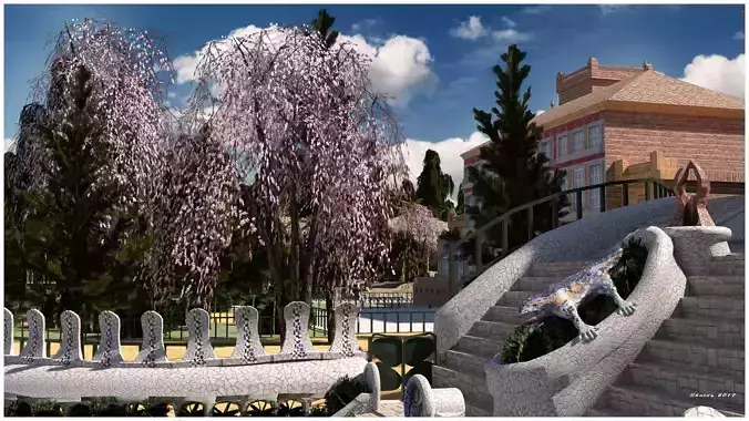 ParkGuell garden with steps and trees