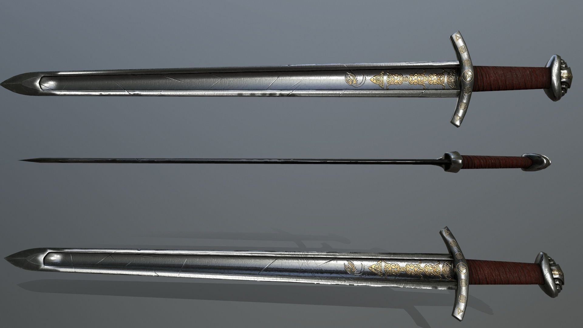 viking set shield and two swords Low-poly 3D model_6