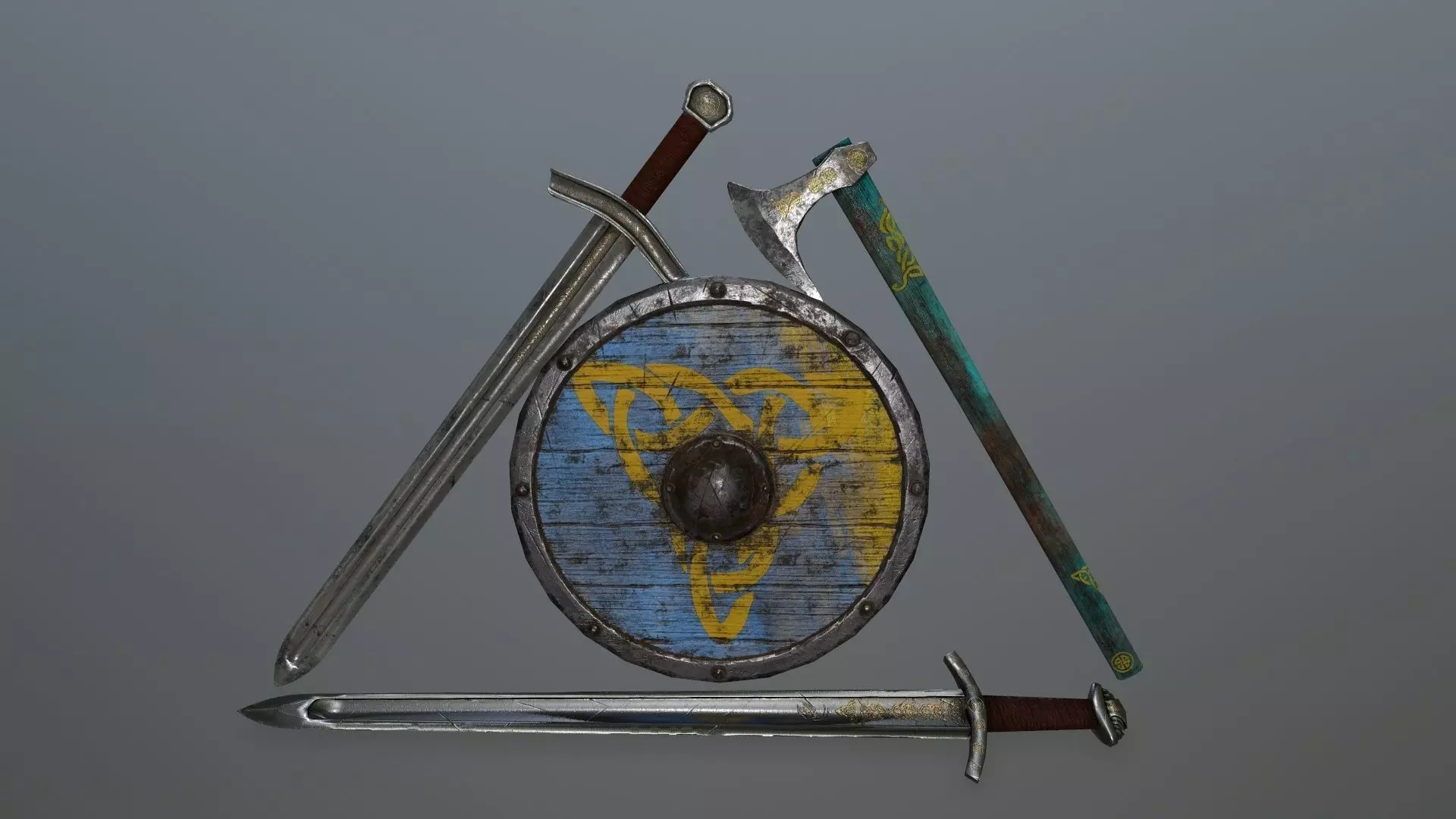 viking set shield and two swords Low-poly 3D model_0