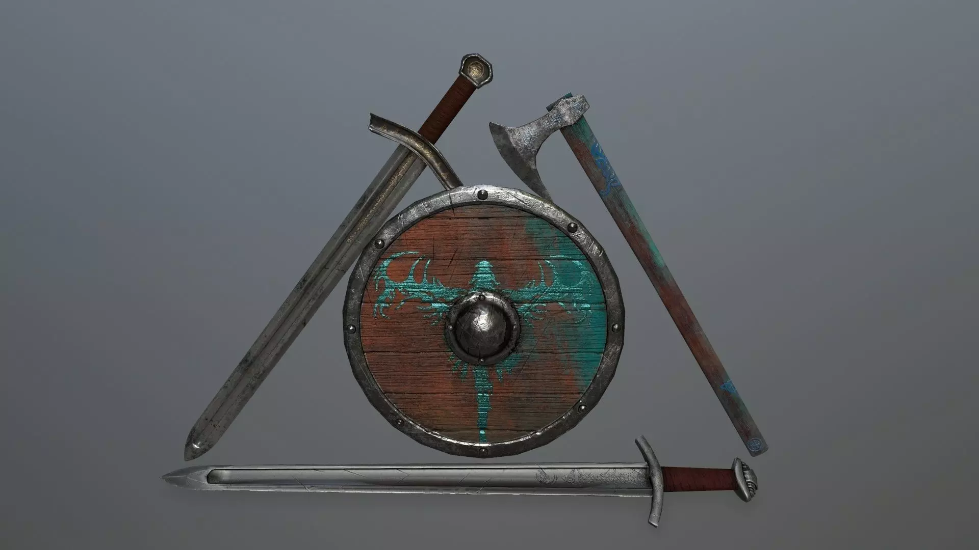 viking set 4 three swords and shield Low-poly 3D model_0
