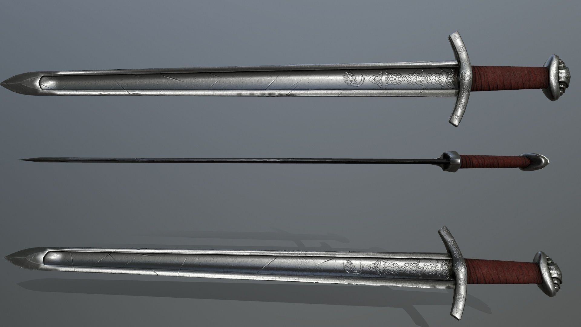 viking set 4 three swords and shield Low-poly 3D model_5