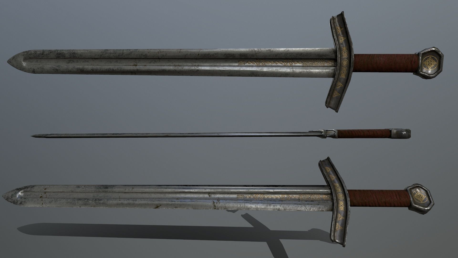 viking set 4 three swords and shield Low-poly 3D model_7