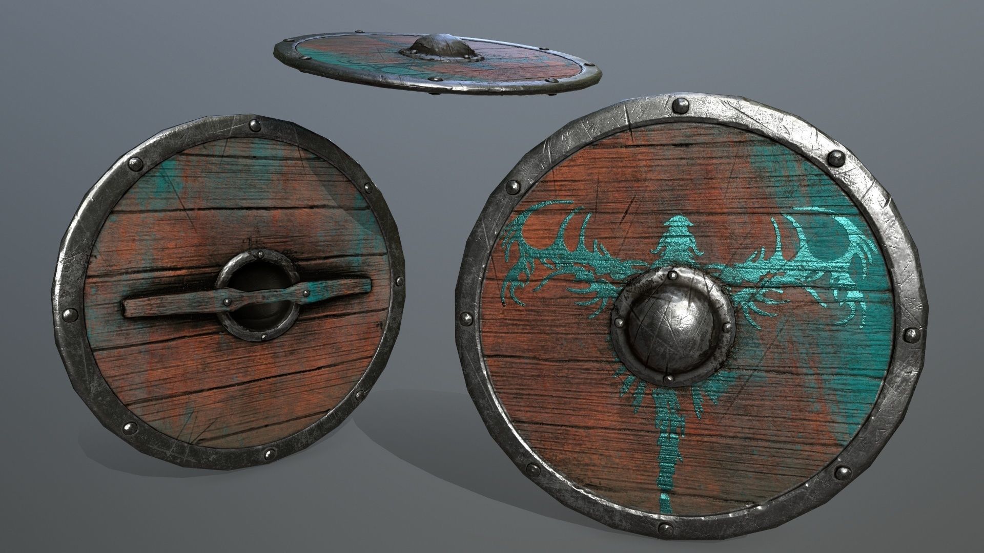 viking set 4 three swords and shield Low-poly 3D model_1