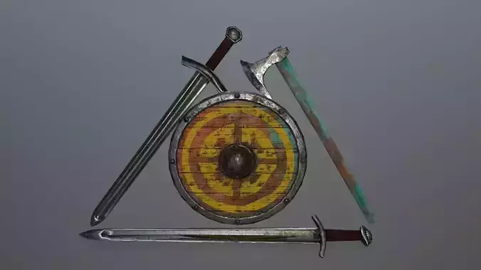 viking set three swords and shields