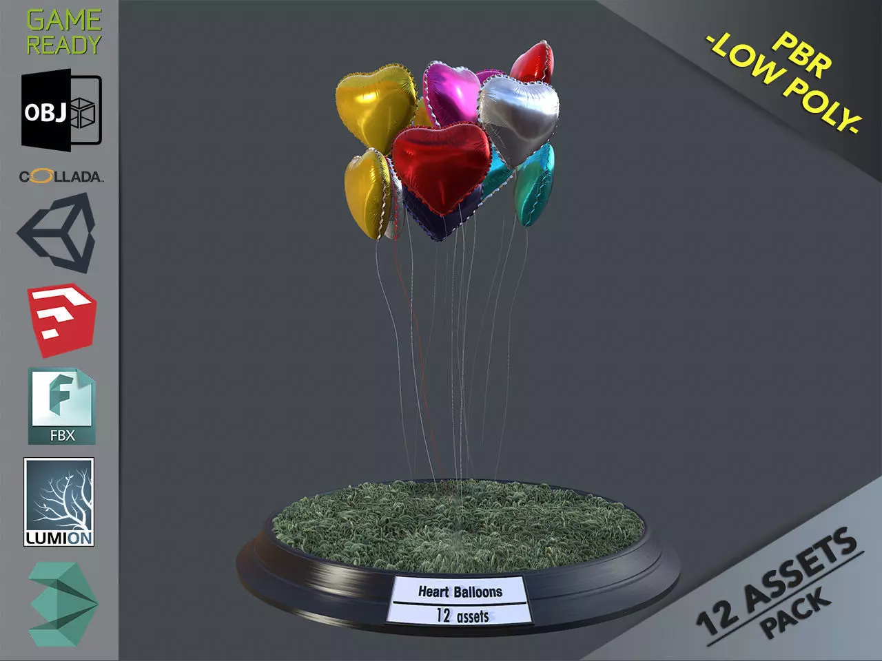 Heart Balloons Pack1 Low-poly 3D model_0
