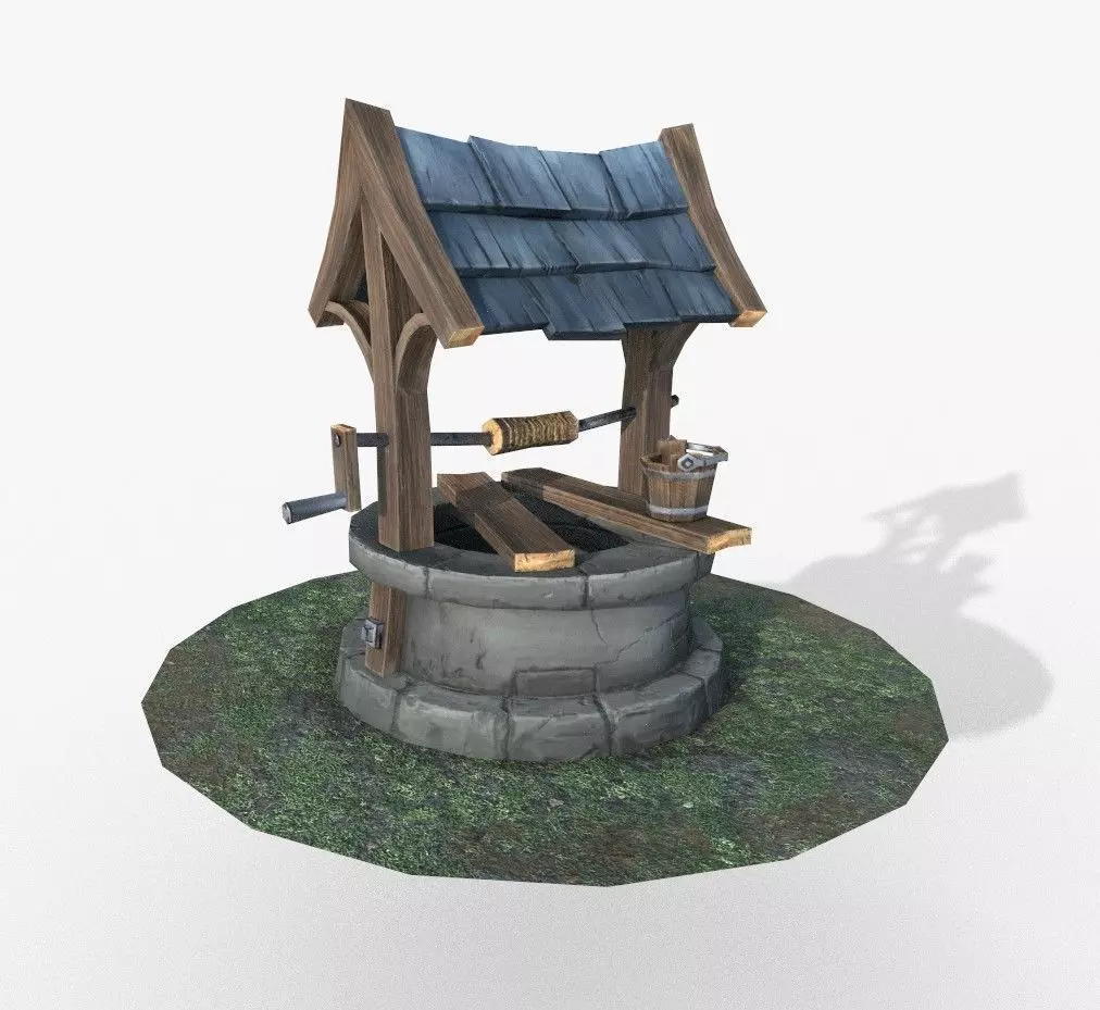 Well low poly water in middle of grassy area Low-poly 3D model_0