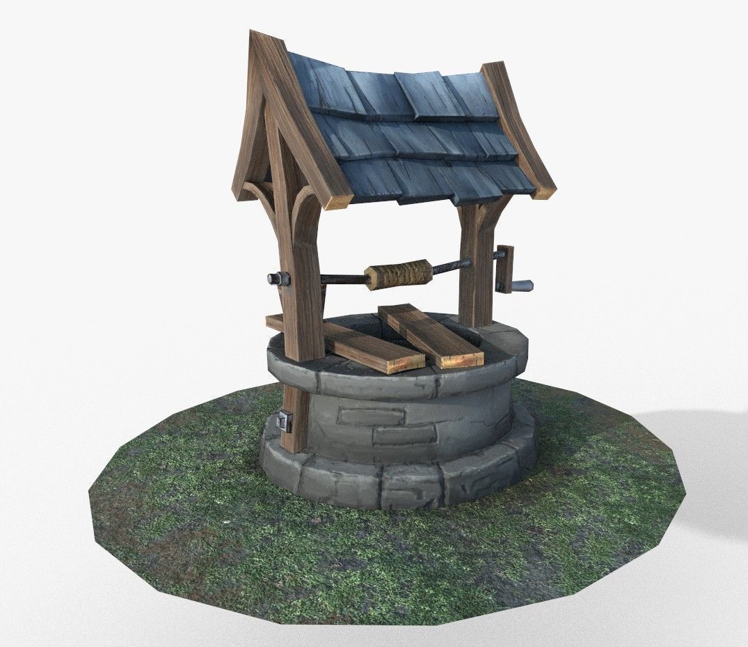 Well low poly water in middle of grassy area Low-poly 3D model_3